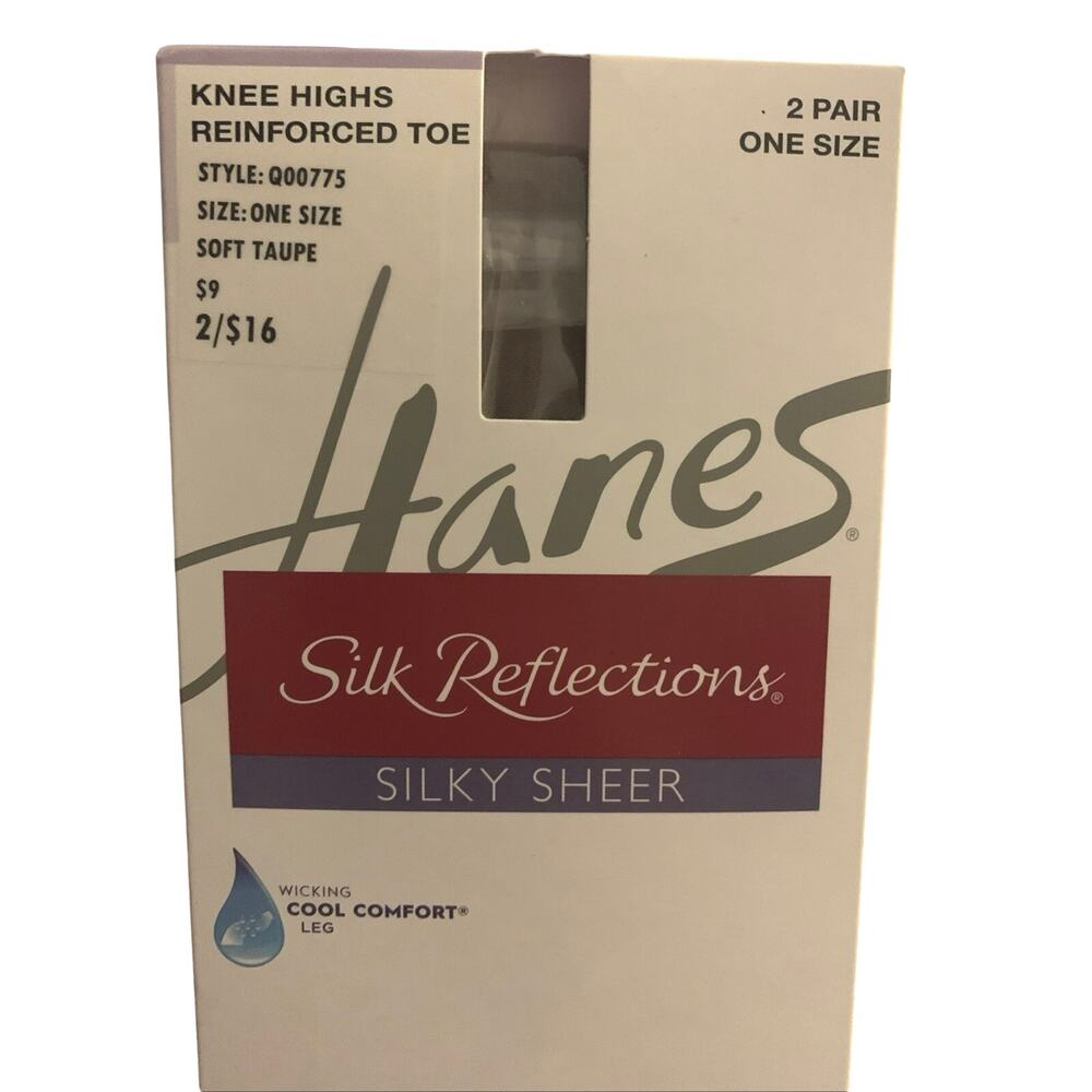 Hanes Silk Reflections Knee Highs One Size 2 Pair Soft Taupe Reinforced Toe